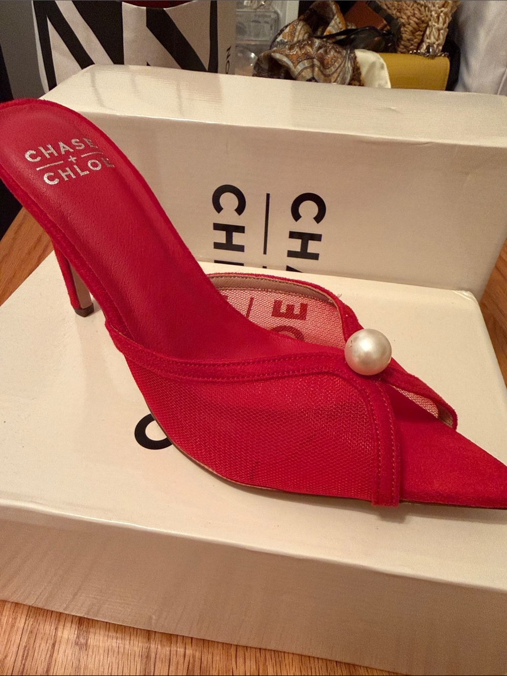 Chase + Chloe Red Mule Heel with Pearl Accent size 8